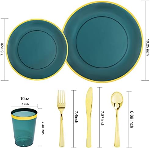 LIYH 180 Pcs Clear and Green Gold Plastic Christmas Plates - Emerald Green Disposable Plastic Dinnerware Sets, Include Dishes, Tableware, Cups for Party & Christmas & Wedding 30 Guests - Image 3