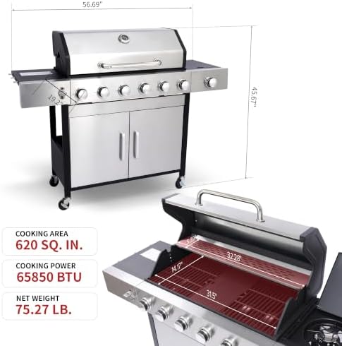 6-Burner Propane Gas Grill with Cast Iron Grates and Griddle - Image 2