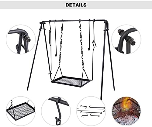 REDCAMP Swing Campfire Grill Stand - Collapsible Campfire Cooking Rack with 6 Hooks & Iron Grill Grate, Portable Dutch Oven Hanger for Outdoor Camping, Cookware, Bonfire, Rectangle - Image 3