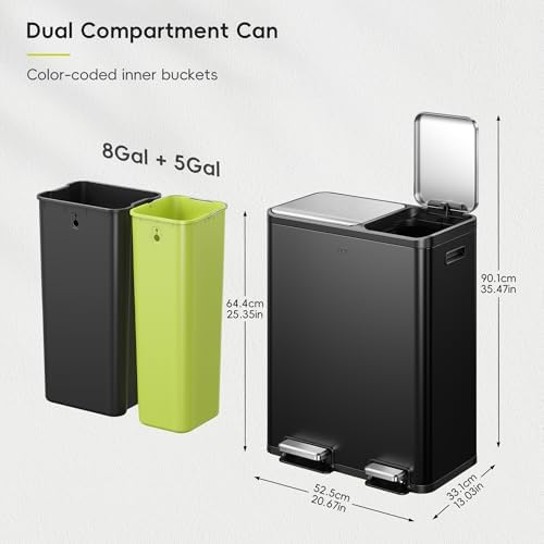 EKO EcoCasa 8+5 Gal (30+20L) Dual Trash Can for Kitchen, Large Stainless Steel Step-On Garbage Can, Trash and Recycle Bin Combo with Soft-Close Lids, Removable Color-Coded Inner Buckets, Matte Black - Image 2