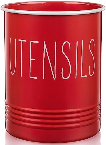 Bivvclaz Kitchen Utensil Holder - 6.7" Utensil Holder for Kitchen Counter - Cooking Utensil Crock with Cork Bottom - Red Decor and Accessories - Countertop Utensil Storage Caddy Organizer by Bivvclaz