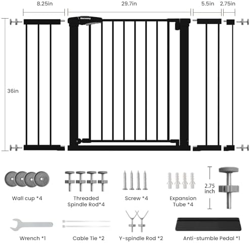 Mumeasy 36" Extra Tall Baby Gate for Stairs, 29.7-48" Wide Dog Gate for Doorways, Walk Thru Pet Safety Gate for Indoor, Pressure Mounted with Auto Close, Easy Install No Drill for Toddlers, Black - Image 2