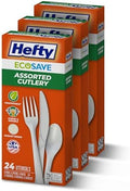 Hefty ECOSAVE Compostable Assorted Cutlery Set, 3 Pack, Utensils for BBQs, Tailgates, Camping, and Parties, Includes 8 Forks, 8 Spoons, and 8 Knives per pack, Compostable, Sustainable Design by Hefty