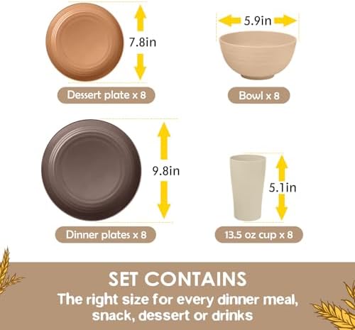Teivio 32-Piece Kitchen Plastic Wheat Straw Dinnerware Set, Service for 8, Dinner Plates, Dessert Plate, Cereal Bowls, Cups, Unbreakable Colorful Plastic Outdoor Camping Dishes, Desert - Image 2