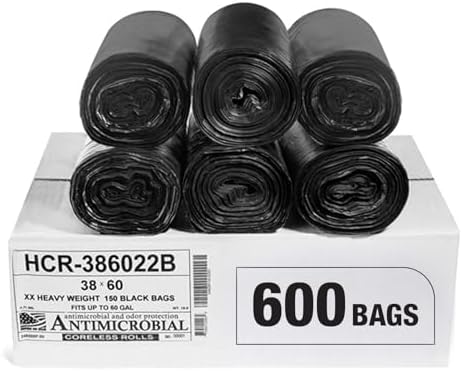 Aluf Plastics High Density Trash Bags, 60 Gallon, 600 Count, 22 Micron (eq), 38" x 60", Black, for Bathroom, Office, Industrial, Commercial, Janitorial, Municipal, Recycling by AlufPlastics