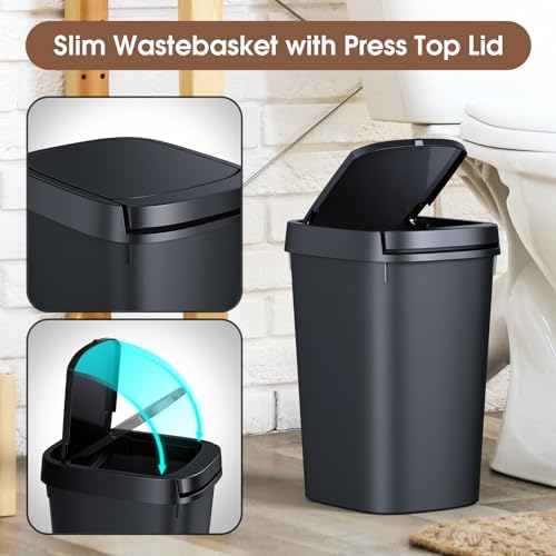 CEROELDA 3 Pack Slim Bathroom Trash Can, 10L/2.6 Gal with Press Top and Pop-up Lid, Plastic Wastebasket for Toilet, Office, Bedroom (Black) - Image 4