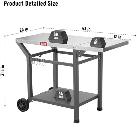 Feasto 43" Lx20 W Grill Table with Folding Side Table & Undershelf, Gray - Image 3