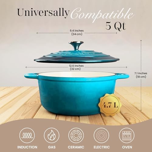 Cast Iron Pot with Lid - Non-Stick Ovenproof Enamelled Casserole Pot, Oven Safe up to 500° F-Sturdy Dutch Oven Cookware - Blue, 5-Quart, 24cm-by Nuovva - Image 2