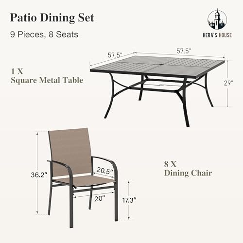 HERA'S HOUSE 9pc Outdoor Patio Dining Set for 8, Textilene Chairs, Brown - Image 6