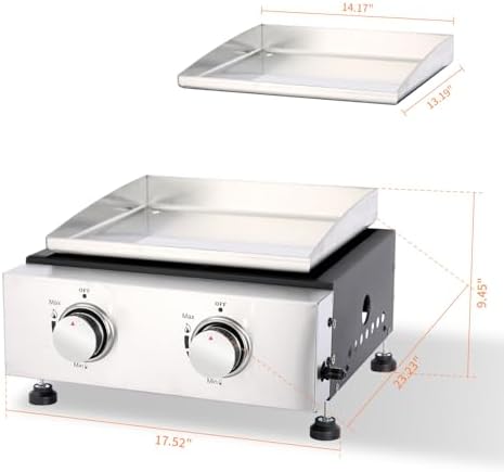 Small Portable Grill, 14 Inch Tabletop Gas Grill, 2 Burner Flat Top BBQ Propane Griddle with Legs, Cover - 20,000 BTUs Output for Outdoor Patio Backyard Camping, Tailgating, and RV Trips - Image 6
