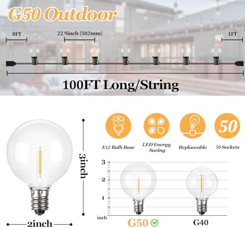 Bosceos 100ft Outdoor G50 LED Globe String Lights Waterproof with 52 Bulbs - Image 5