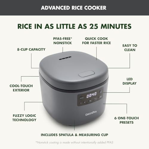 GreenPan Advanced Rice Cooker, 4-Cups Uncooked/8-Cups Cooked, Graphite - Image 4