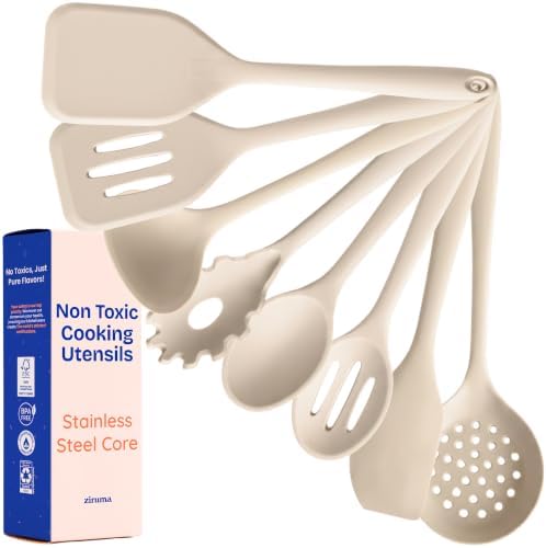 NonToxic Platinum Silicone Utensils, 100% Plastic-Free, 8-Pcs, Beige by Ziruma