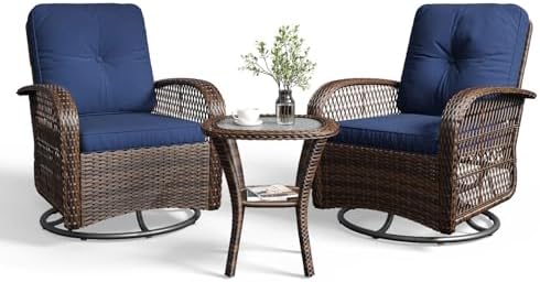 Aoxun 3 Pieces Patio Furniture Set, Patio Swivel Rocker Chairs Set of 2, Wicker Outdoor Bistro Set with Rocking Chair, Thickened Cushions and Table for Porch (Blue) by Aoxun