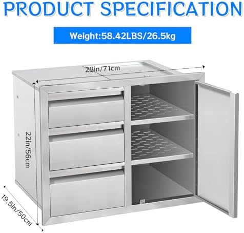 Outdoor Kitchen Drawer Combo, Stainless Steel Triple Drawers with Access Door, 28" W x 22" H x 19.5" D Outdoor Kitchen Cabinet for BBQ Island Grill Stations - Image 3