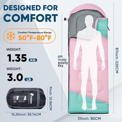 PTEROMY Sleeping Bags for Adults, Lightweight and Machine Washable, Water Resistant Backpacking Camping Sleeping Bag for Warm Cold Weather, Camping Essentials for Hiking Travel - Image 2