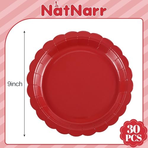 NatNarr 30 Pcs Red Paper Plates 9" Disposable Scalloped Red Party Plates - Image 2