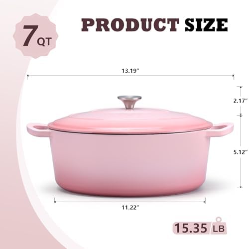 P&P CHEF Oval Dutch Oven with Lid, Enameled Cast Dutch Oven Pot for Bread Baking, Braising, Stewing, Roasting, Non-Stick & Oven Safe, Dual Handles & Easy Clean, 7QT & Pink, Valentine's Day - Image 2