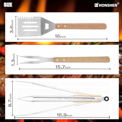 3 Piece Barbecue Tool Sets,Heavy Duty Stainless Steel and Wooden Handles BBQ Tool Sets,Grill Accessories,Grilling Spatula,Fork,Tongs for Outdoor Grill Cooking (Large BBQ Tools Set-3P) - Image 6