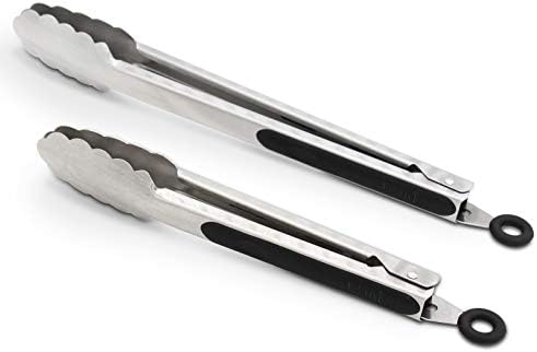 304 Stainless Steel Kitchen Cooking Tongs, 9" and 12" Set of 2 Sturdy Grilling Barbeque Brushed Locking Food Tongs with Ergonomic Grip, Black by ALLWIN-HOUSEWARE