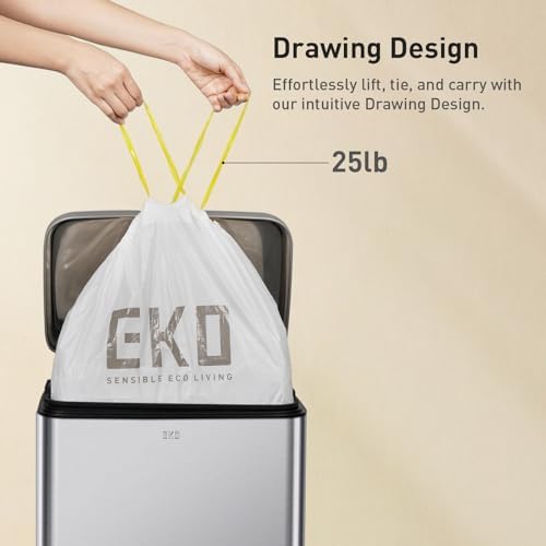 EKO 8 Gallon / 30.3 Liter, 60 Count Drawstring Trash Bags, Extra-Strong Unscented Garbage Bags, Easy-Dispense Roll for Kitchen & Household Use, Resists Tears, Leaks and Punctures, Code F-1, White - Image 4