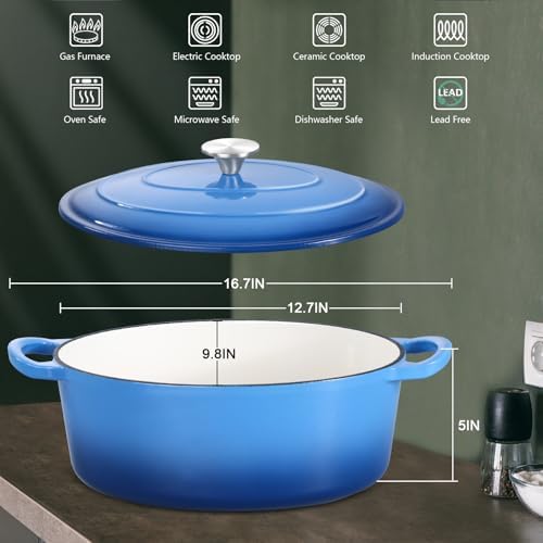 Leonyo 7-Quart Enameled Cast Iron Oval Dutch Oven Pot with Lid, Blue - Image 2