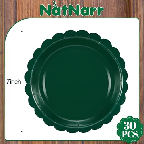 NatNarr 30 Pcs Dark Green Plates Disposable 7 Inch Scalloped Christmas Paper Plates Dessert Cake Plate Cute Party Plate for Wedding, Birthday, Holiday - Image 2