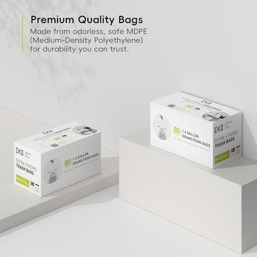 EKO 1.6 Gallon /3-6 Liter,Small Drawstring TrashBags,Extra-Strong Unscented Garbage Bags,Easy-Dispense Roll-Kitchen &Household Use,Resists Tears,Leaks & Punctures,Code A, White, 80 Count (Pack of 12) - Image 7