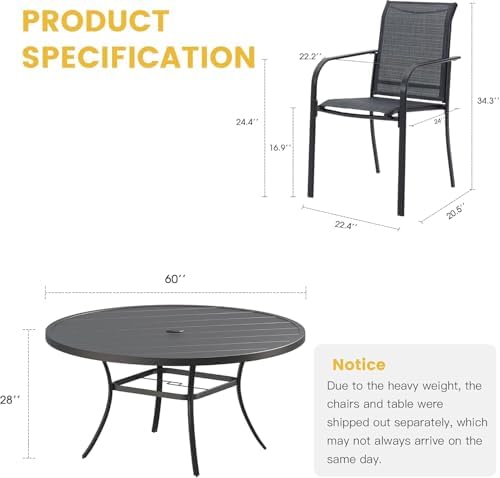 VICLLAX Large Patio Dining Furniture Set, Outdoor Dining Set for 10-60" Round Outdoor Table and Patio Stackable Chairs, Black Tabletop and Grey Fabric - Image 2