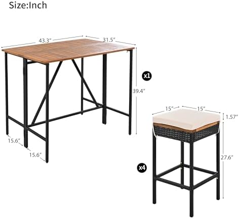 GO 5-Piece Outdoor Acacia Wood Bar Height Table And Four Stools With Cushions, Garden PE Rattan Wicker Dining Table, Foldable Tabletop, High-Dining Bistro Set, All-Weather Patio Furniture, Brown - Image 4
