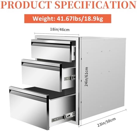Outdoor Kitchen Drawers Stainless Steel Triple BBQ Drawers with Chrome Handle Flush Mount 18" W x 24" H x 23" D for Outdoor Kitchen Island Patio Grill Station - Image 2