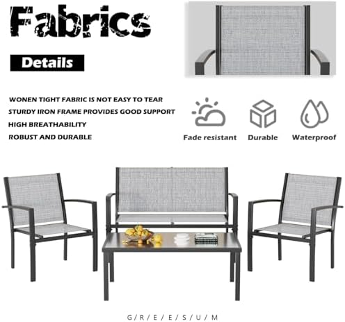 Greesum 4 Pieces Patio Furniture Set, Outdoor Conversation Sets for Patio, Lawn, Garden, Poolside with A Glass Coffee Table, Gray - Image 6