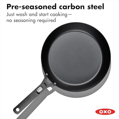 OXO Outdoor Pre-Seasoned Carbon Steel 12" Frying Pan Skillet, Detachable Handle for Easy Storage, Indoor Use, Nonstick with Use, Induction Suitable,Oven & Broiler Safe,Browning, Grill,Sear,Saute,Black - Image 2