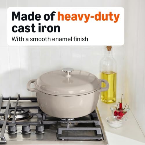 Amazon Basics Enameled Cast Iron Dutch Oven Pot With Lid, 4.3-Quart, Round, Dual Handles, Heavy-Duty, Oven Safe for Stews, Roasting & Baking, Linen Gray - Image 4