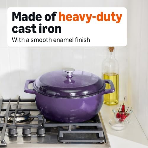 Amazon Basics Enameled Cast Iron Dutch Oven Pot With Lid, 6-Quart, Round, Dual Handles, Heavy-Duty, Oven Safe for Stews, Roasting & Baking, Purple - Image 4