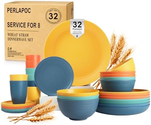 Wheat Straw Dinnerware Sets, Plates and Bowls Sets Unbreakable & Microwave Safe - 32 Piece Service for 8 Dinner Plate Dessert Plate Cereal Bowl Cup for Kitchen & Outdoor - Multi by Perlapoc