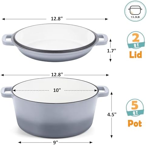 TeamFar 5qt Dutch Oven, Pre-seasoned Cast Iron for Bread Baking, Gray - Image 2