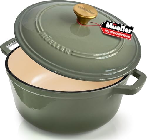 MUELLER HOME 4.5 Quart Enameled Cast Iron Dutch Oven For Sourdough Bread Baking, Heavy-Duty, Oven-Safe up to 500° F & Across All Cooktops, Casserole Dishes, Green Kitchen Accessories, Thyme Green by MUELLERHOME