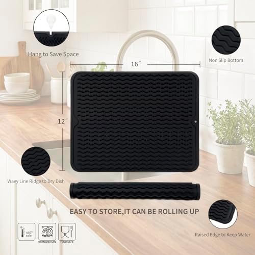 MicoYang Silicone Dish Drying Mat — Quick-Dry Ridges Counter & Sink Pad, Heat-Resistant Trivet to 450°F, Non-Slip & Dishwasher Safe, Roll-Up Storage, 18 Colors & 9 Sizes (Black, 16"×12") - Image 2
