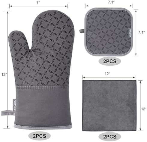 KEGOUU Oven Mitts and Pot Holders 6pcs Set, Kitchen Oven Glove High Heat Resistant 500 Degree Extra Long Oven Mitts and Potholder with Non-Slip Silicone Surface for Cooking (Grey) - Image 2