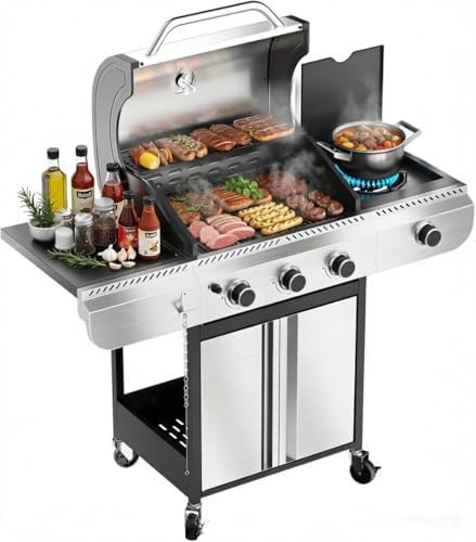 3-Burner Propane Gas Grill with Side Burner, 34,000 BTU Stainless Steel BBQ Grill – Heavy-Duty Porcelain-Enameled Grates for Patio and Outdoor Cooking by Electactic
