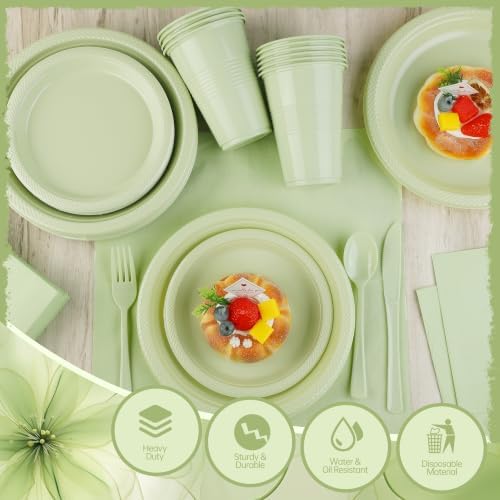 Kochorie 240 Pieces Sage Green Plastic Dinnerware Set Disposable Heavy Duty Plates Napkins Cups Silverware Dessert Dinner Plates for Birthday Wedding Baby Shower Party Supplies, Serves 30 Guests - Image 3