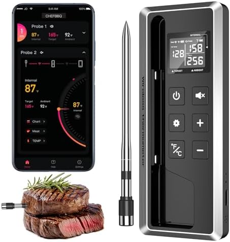 Wireless Meat Thermometer with Smart Timer & APP Control, 800ft Bluetooth Grill Food Thermometer - 0.19In-Ultra Thin Probe, ±0.5℉ Accuracy, Digital Backlit Screen for BBQ, Oven, Smoker, Kitchen by TEMMIO