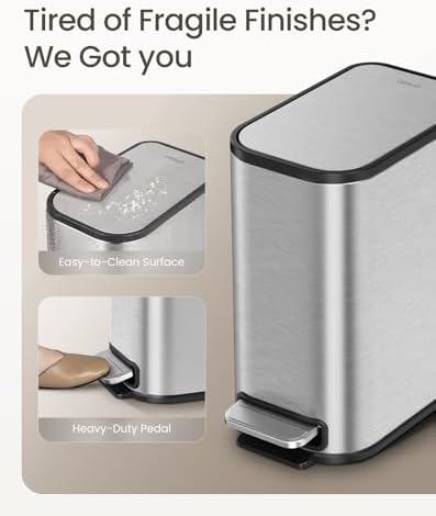 Cesun Small Bathroom Trash Can with Lid Soft Close & Pedal, 1.3 Gal, Silver - Image 3