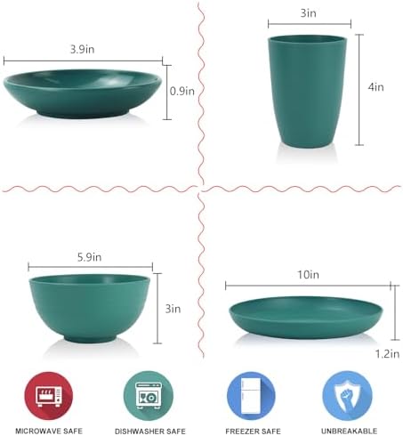 Wrova Wheat straw plates and bowls set of 16 - Unbreakable wheat straw dinnerware sets for kids - Alternative plastic dinnerware set service for 4 - Microwave safe and Dishwasher safe bowls. Green - Image 2