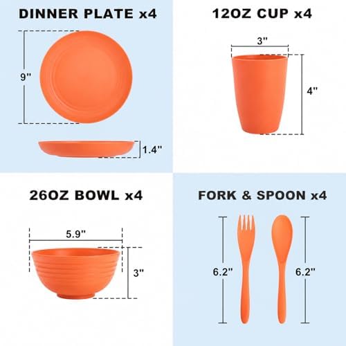 Kids Wheat Straw Dinnerware Sets for 4, 20 Piece Unbreakable Dinnerware Set, Plates and Bowls Sets, Kitchen Plates and Bowls Set, Lightweight Dish Set for Picnic, Camping, and Daily - Orange - Image 2