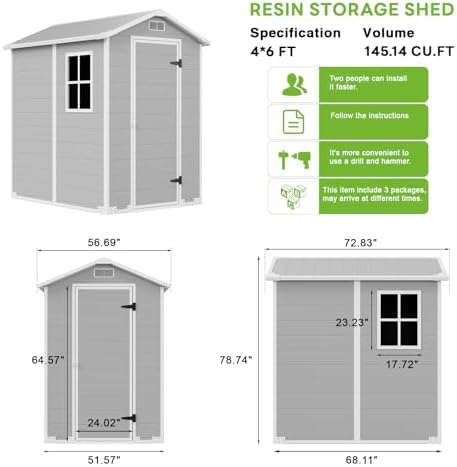 4x6 FT Outdoor Storage Shed with Floor & Window, All-Weather Resin Garden Tool Shed, Waterproof Plastic Garden Shed with Lockable Door, Vents & Roof Rainwater Drainage for Backyard, Garden, Poolside - Image 2