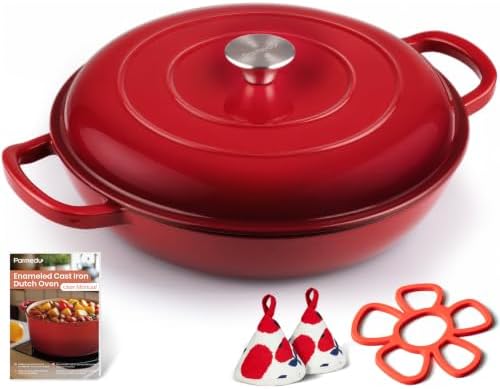 Parmedu Cast Iron Dutch Oven, 3.8 Quart, Red, Shallow Braiser & Casserole by Parmedu