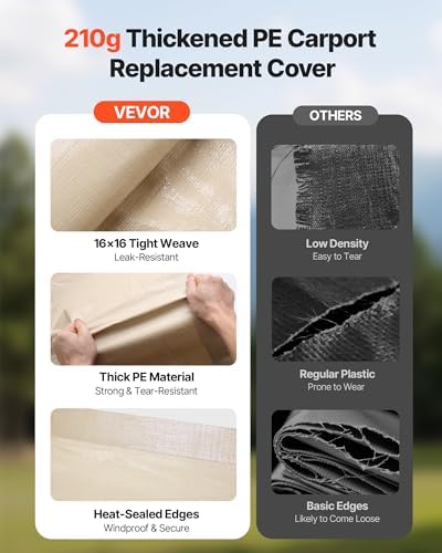VEVOR Carport Replacement Canopy Cover, 12 x 20 ft Potable Garage Tent Top Tarp, UV-Resistant & Waterproof Car Shelter Tarp, Heavy Duty Car Port Cover with Ball Buggees, Beige, Frame Not Included - Image 4