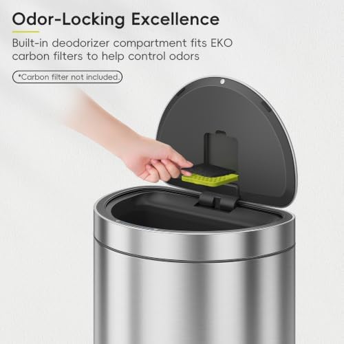 EKO Mirage Semi-Round Motion Sensor Trash Can or Recycling Bin, 47 Liter / 12.4 Gallon Automatic Large Kitchen Trash Can with Deodorizer Compartment, Removable Lid and Bucket, Matte Stainless Steel - Image 5